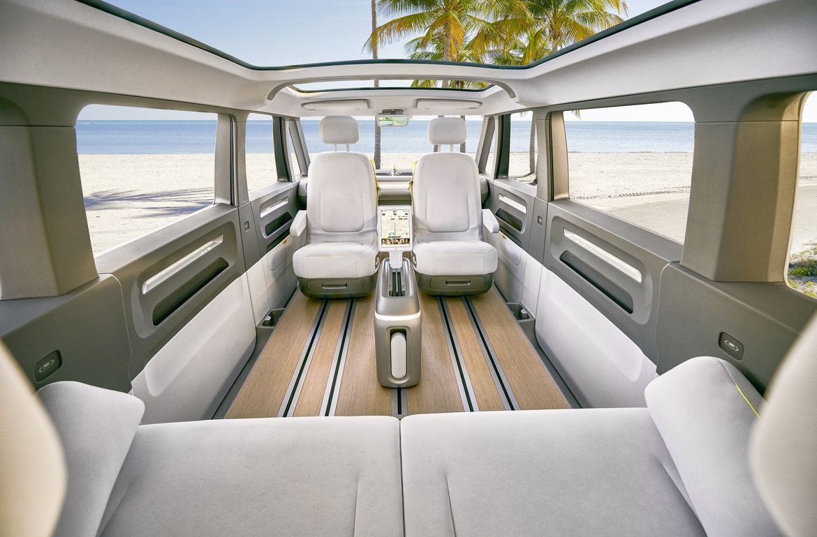 Volkswagen ID Buzz interior with beach in the background