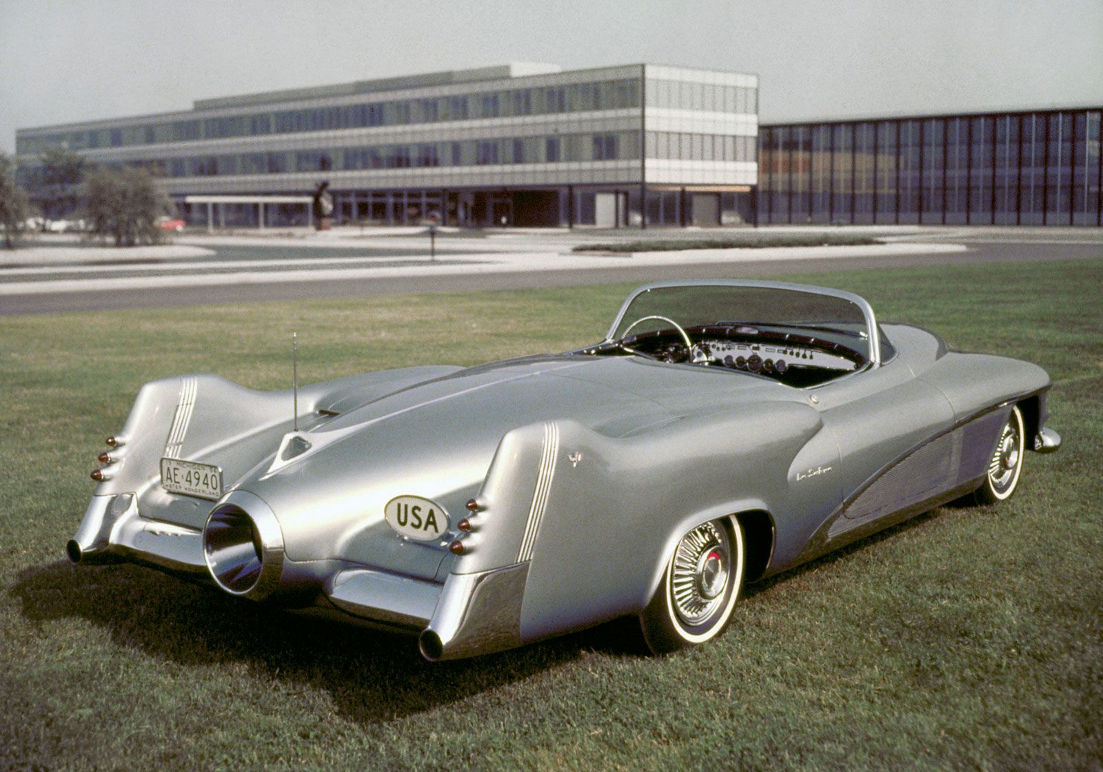 1951 GM LeSabre Concept Car parked on lawn; rear view