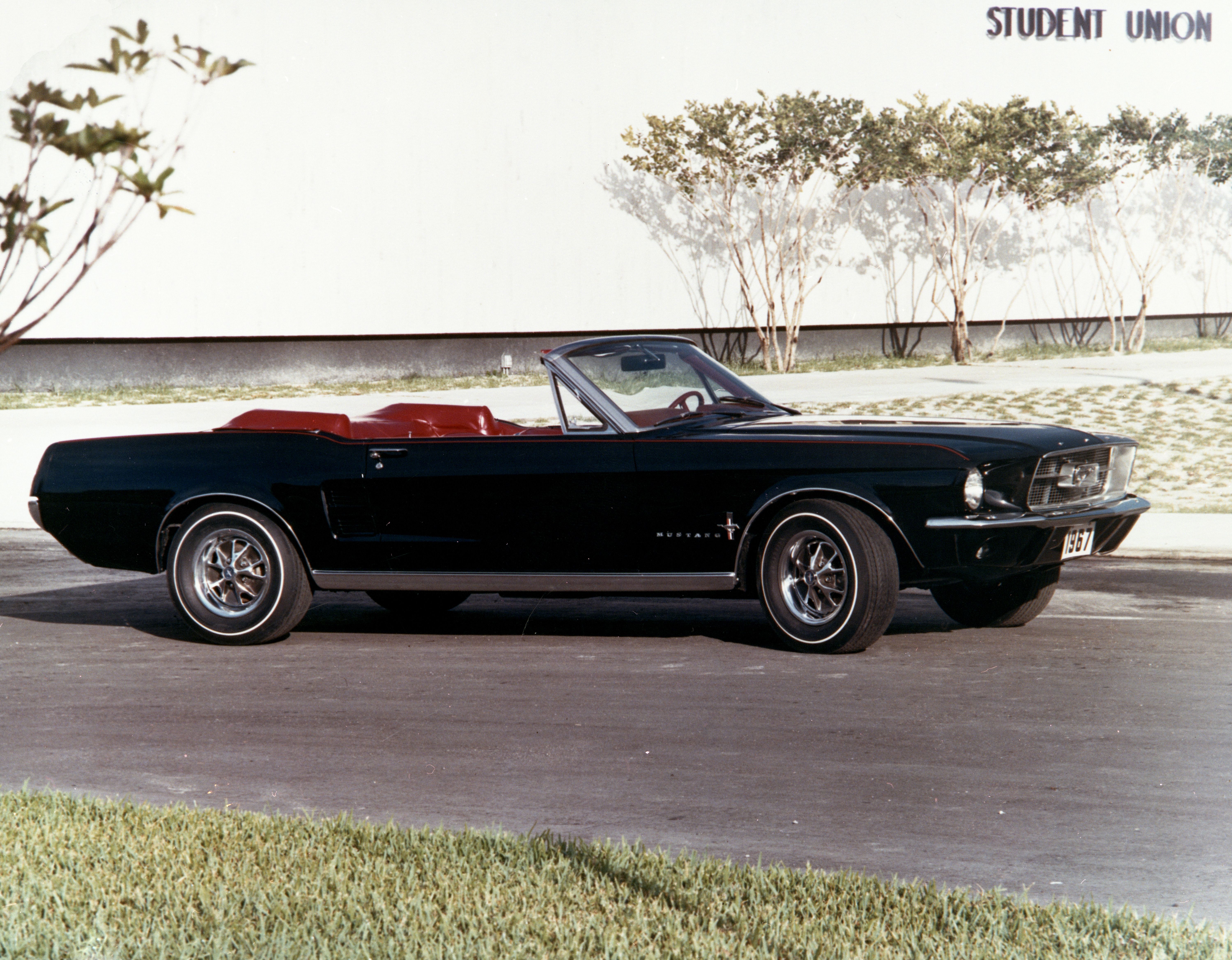 A classic black Ford Mustang convertible
