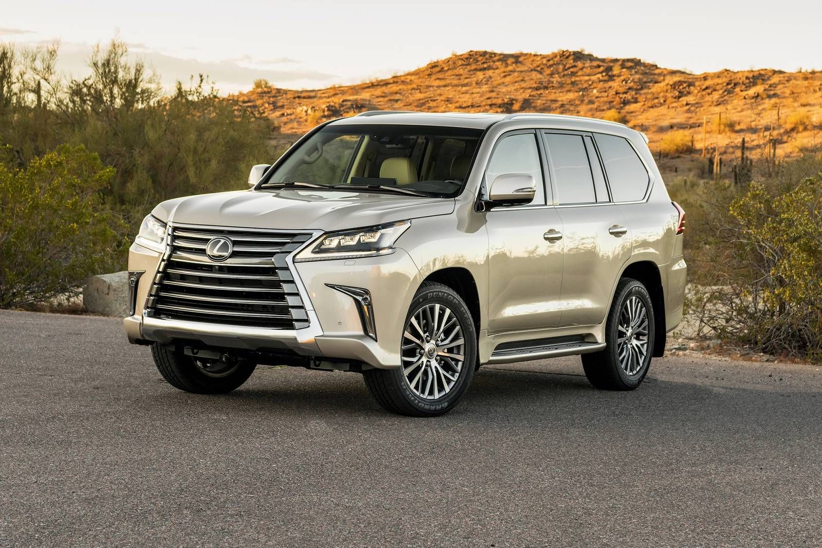 off-white 2021 Lexus LX 570 parked at sunset