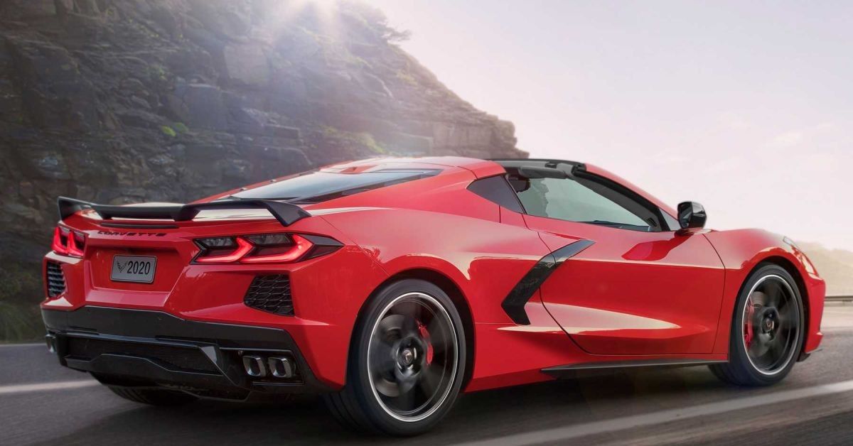 red 2022 Chevrolet Corvette, rear and side view