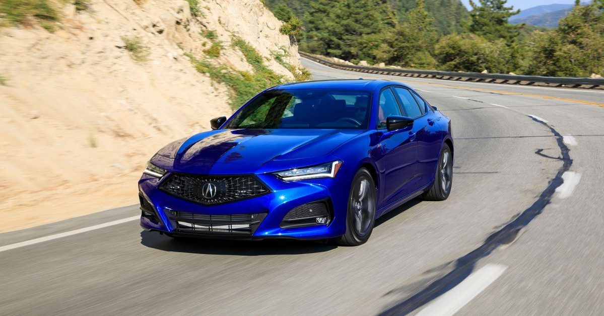 The front of a blue TLX A-Spec