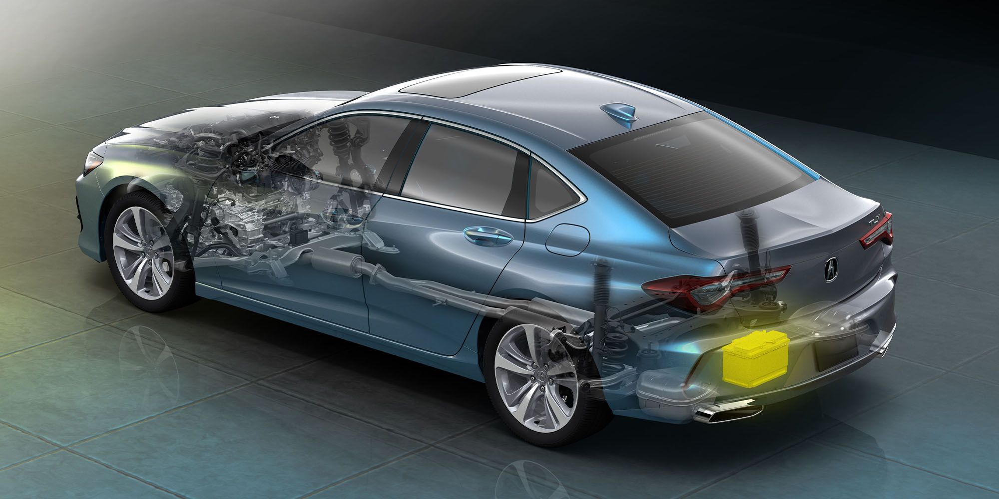 A cutaway of the TLX's chassis, highlighting the location of the battery