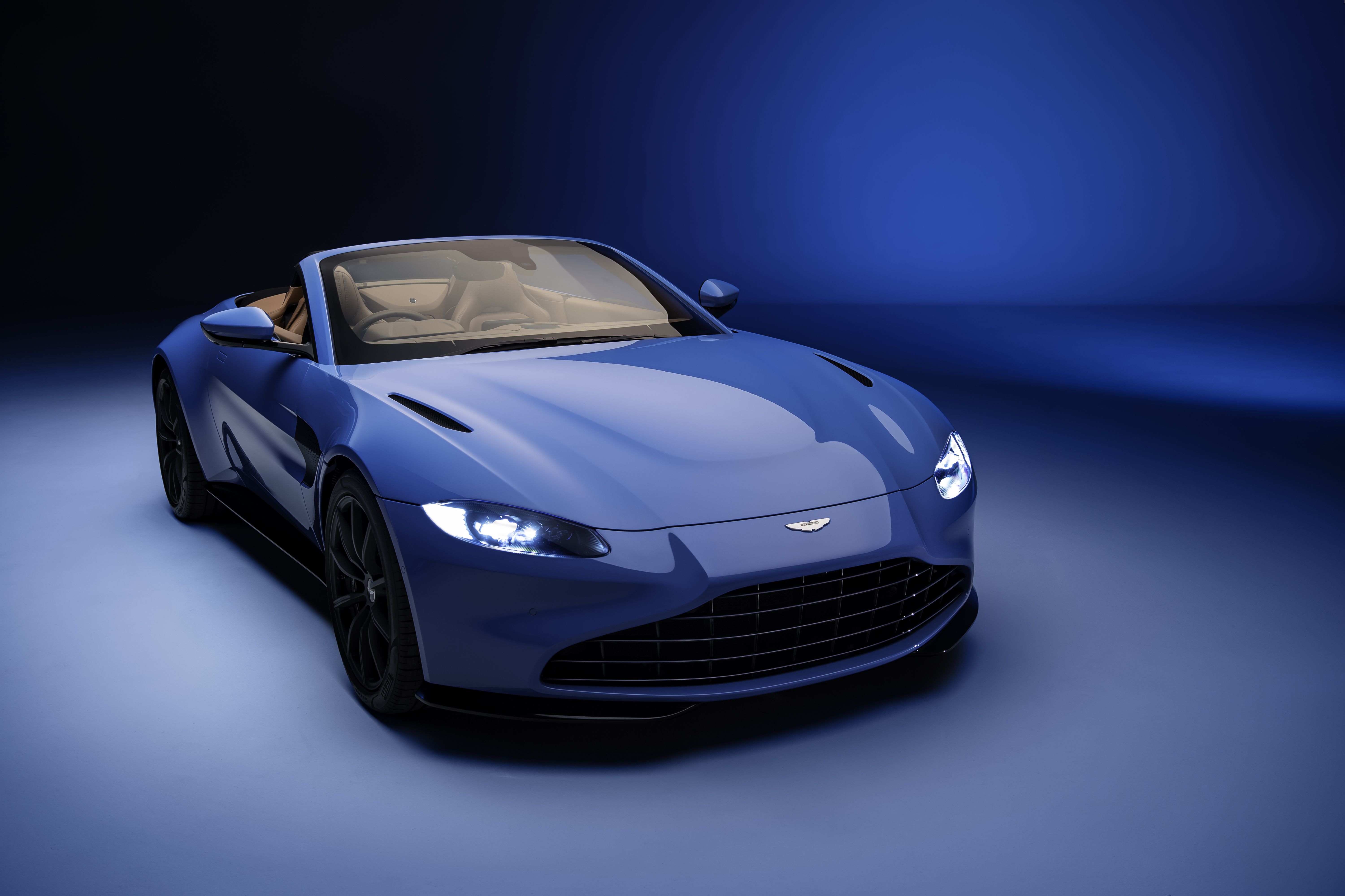 The front of a blue Vantage Roadster