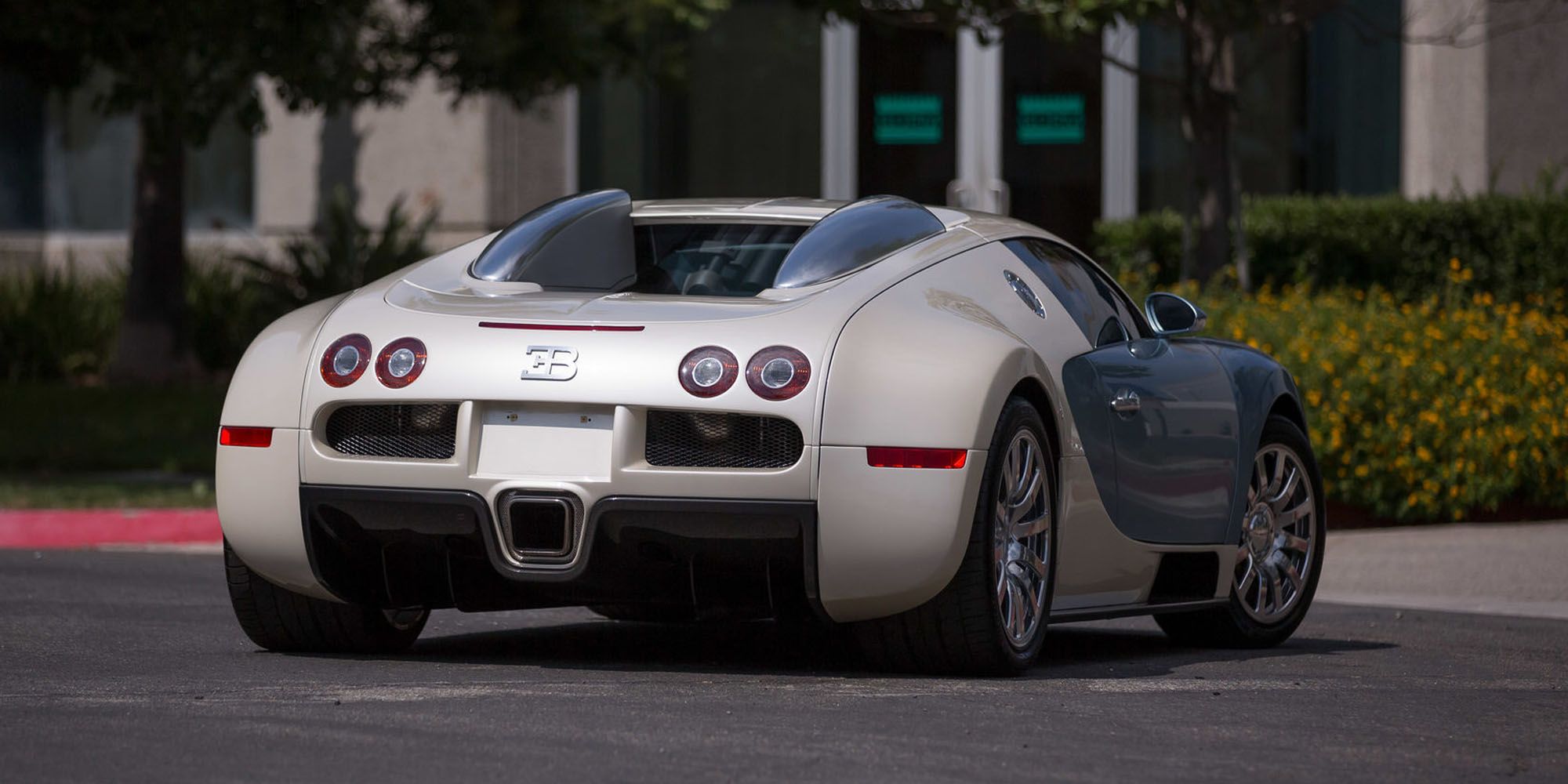 The rear of a two-tone gold and white Veyron