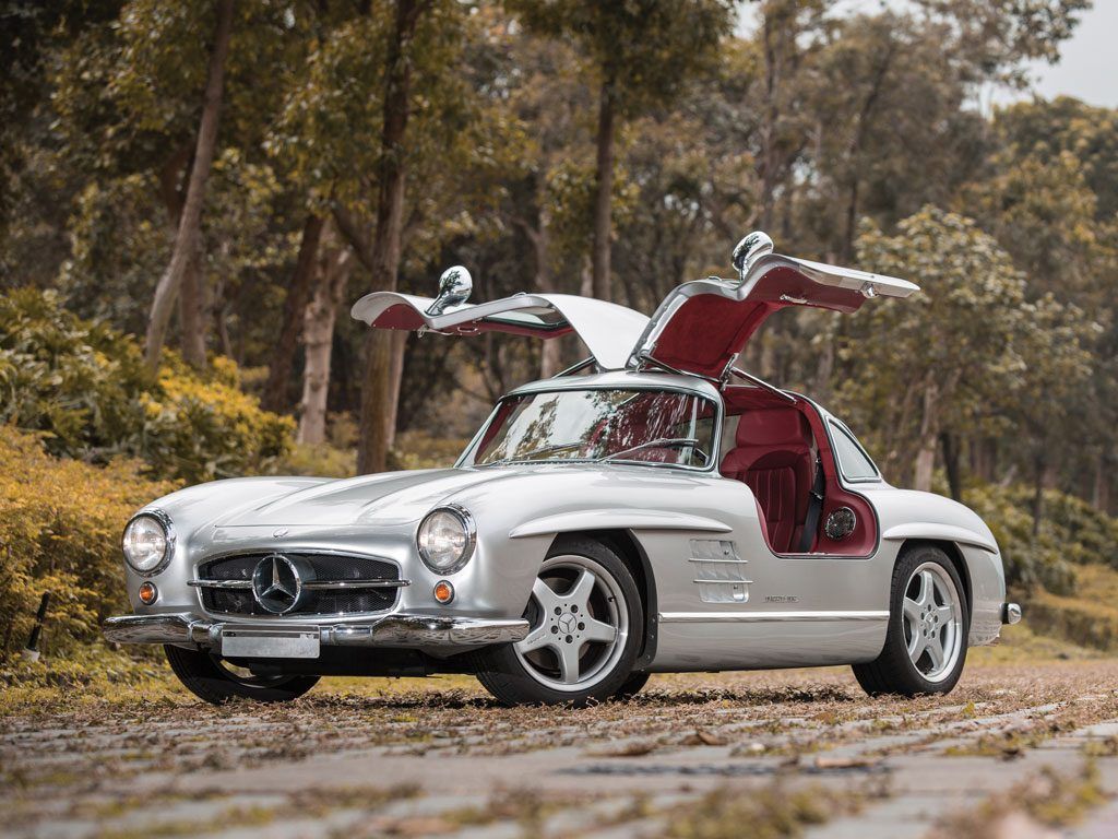 Gullwing Door car in front of trees