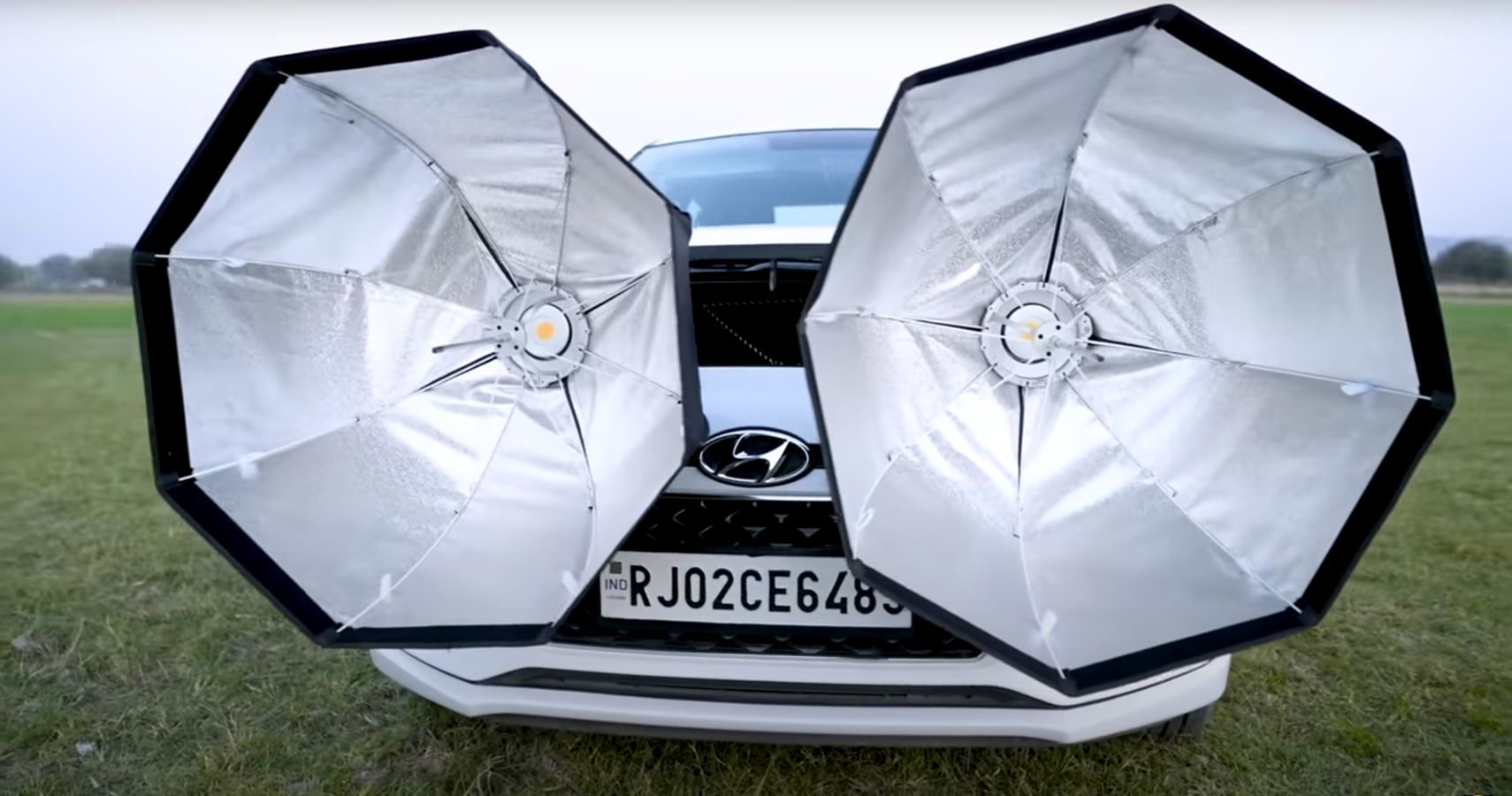 Hyundai sedan equipped with photography studio lights