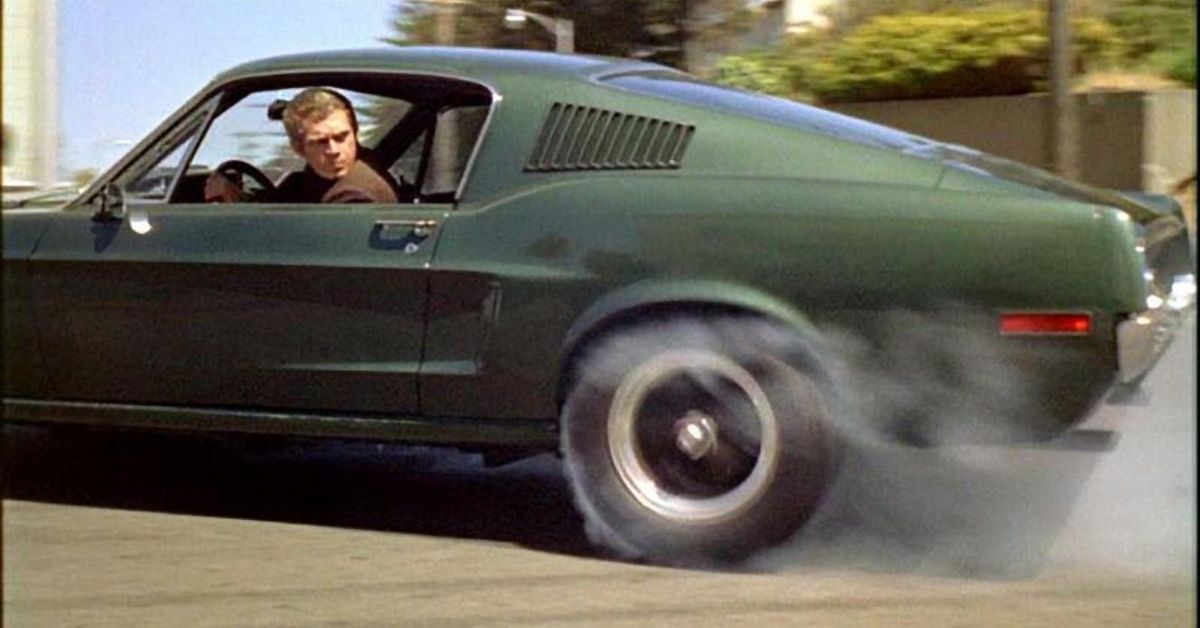 Steve McQueen doing a burnout his in Bullitt Mustang