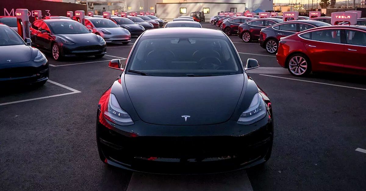 Black Tesla parked among other Teslas