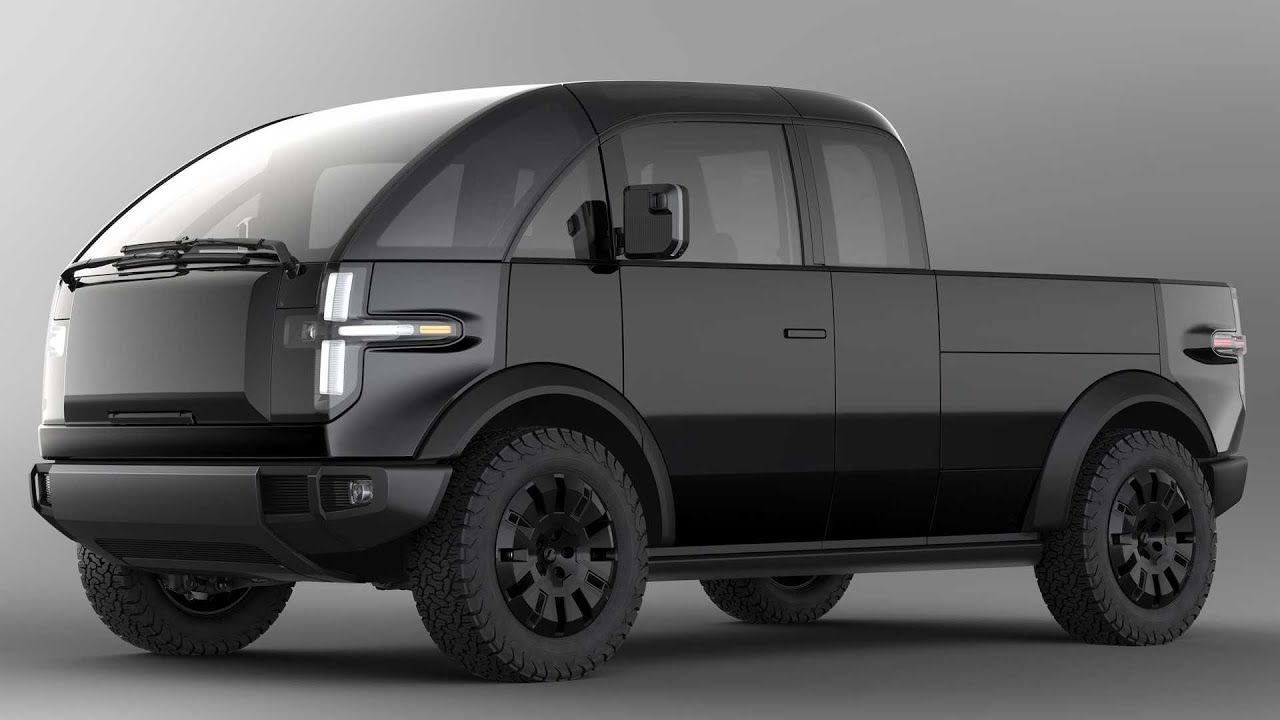 The Canoo Pickup Truck visualised, side profile, dark grey