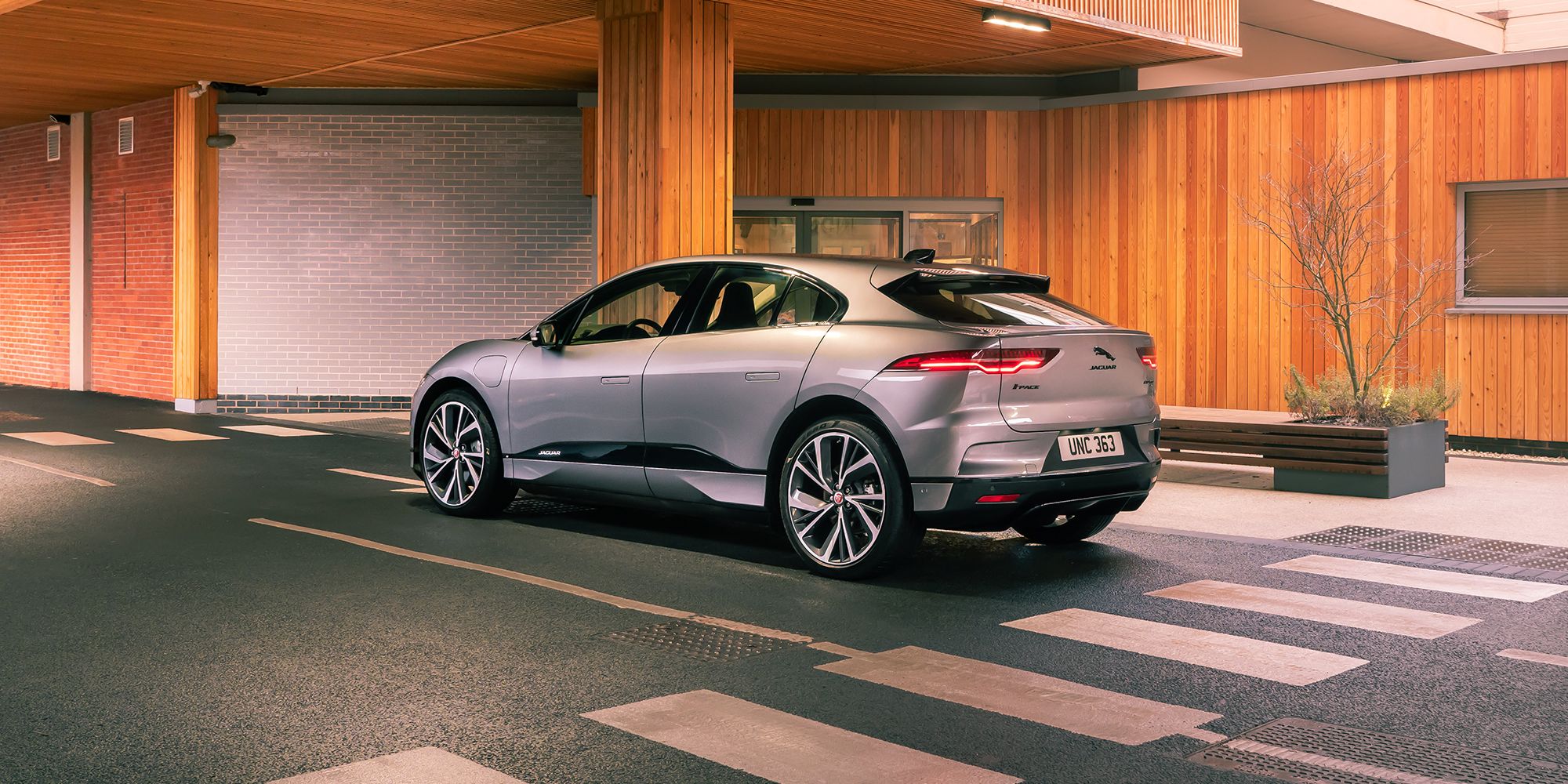 Rear 3/4 view of a silver I-Pace