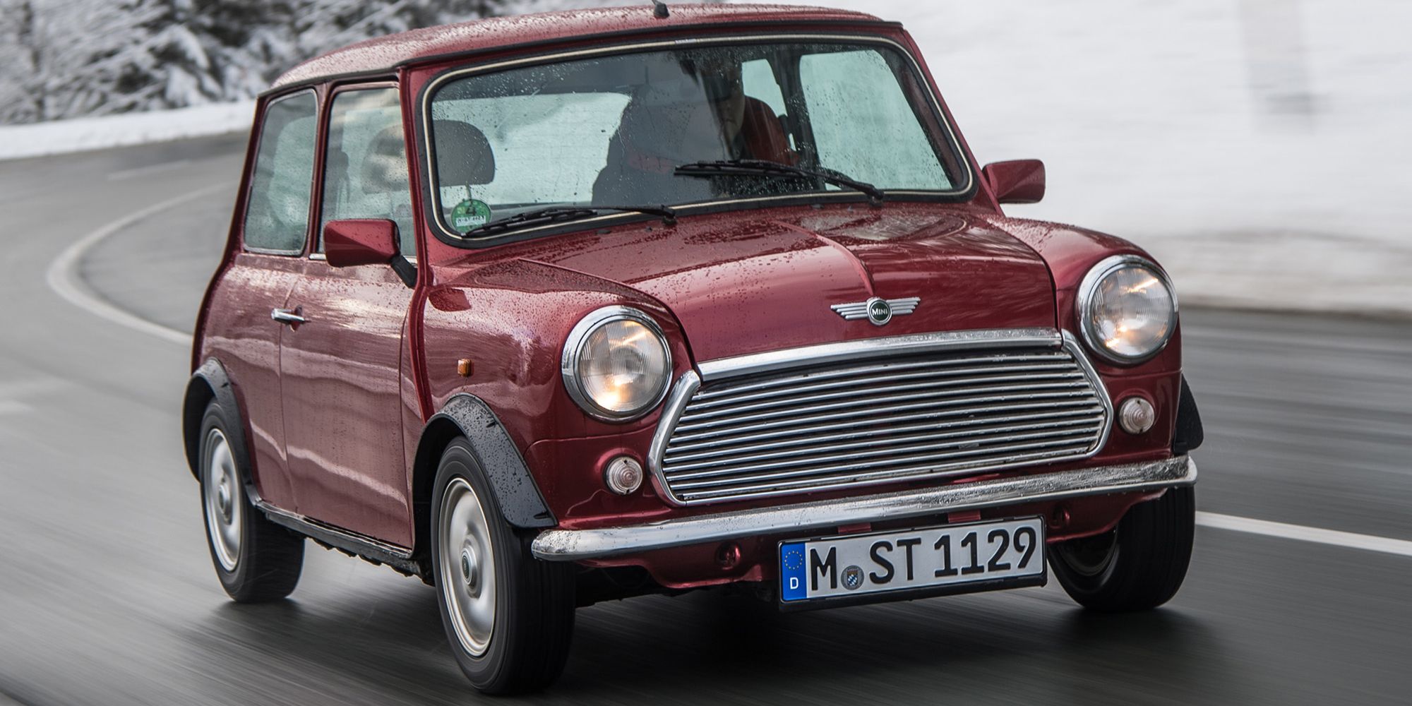 The front of a red Rover Mini