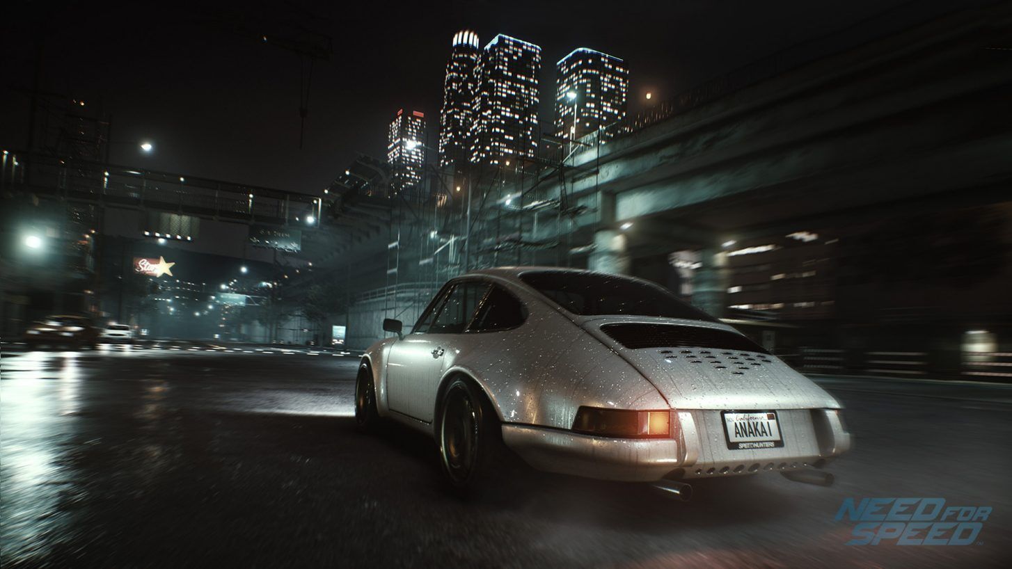A classic Porsche 911 speeding in the nighttime
