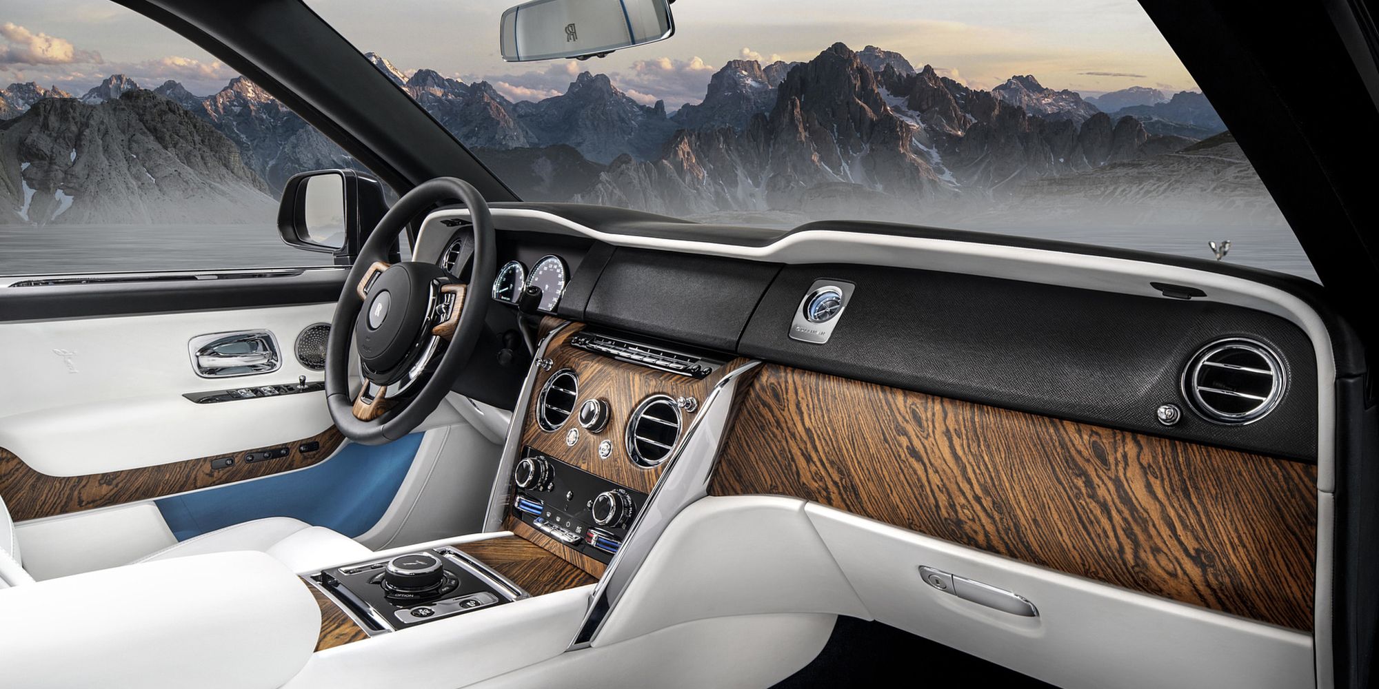 The interior of the Cullinan, finished in white and blue