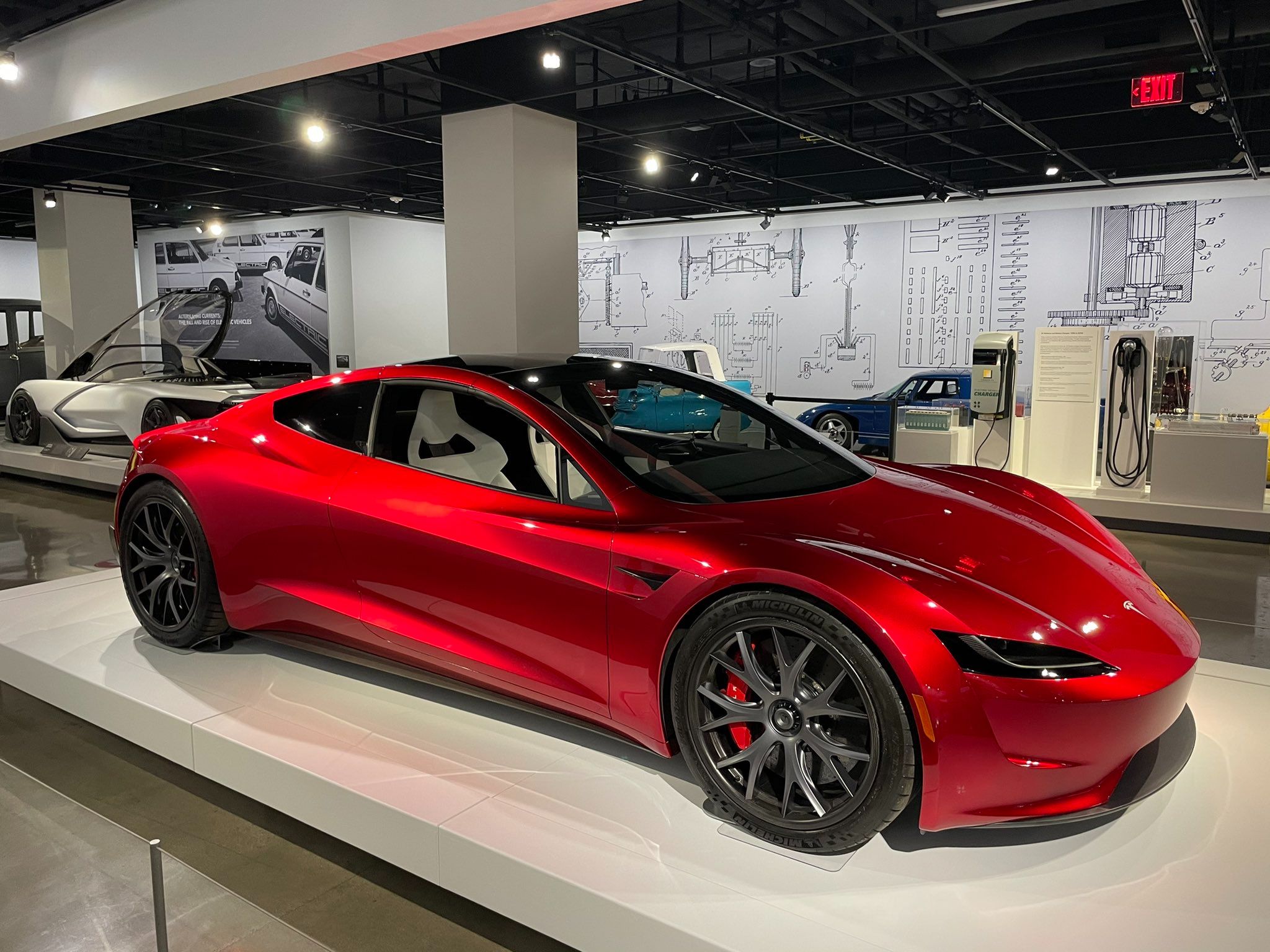 Red Tesla Roadster 2022 at the museum
