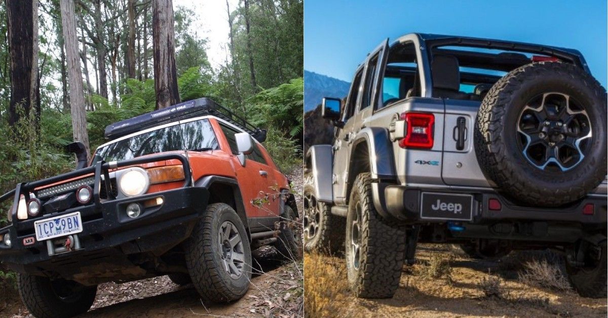 A Toyota FJ Cruiser drives through a forest and a 2021 Jeep Wrangler stands on a steep road.