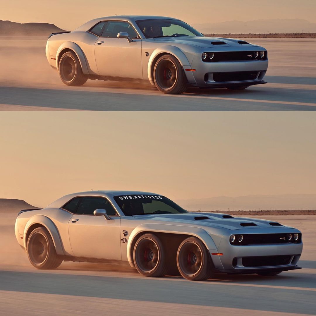 Dodge Challenger Six-Wheeler With Two Hellcat Engines Rendered