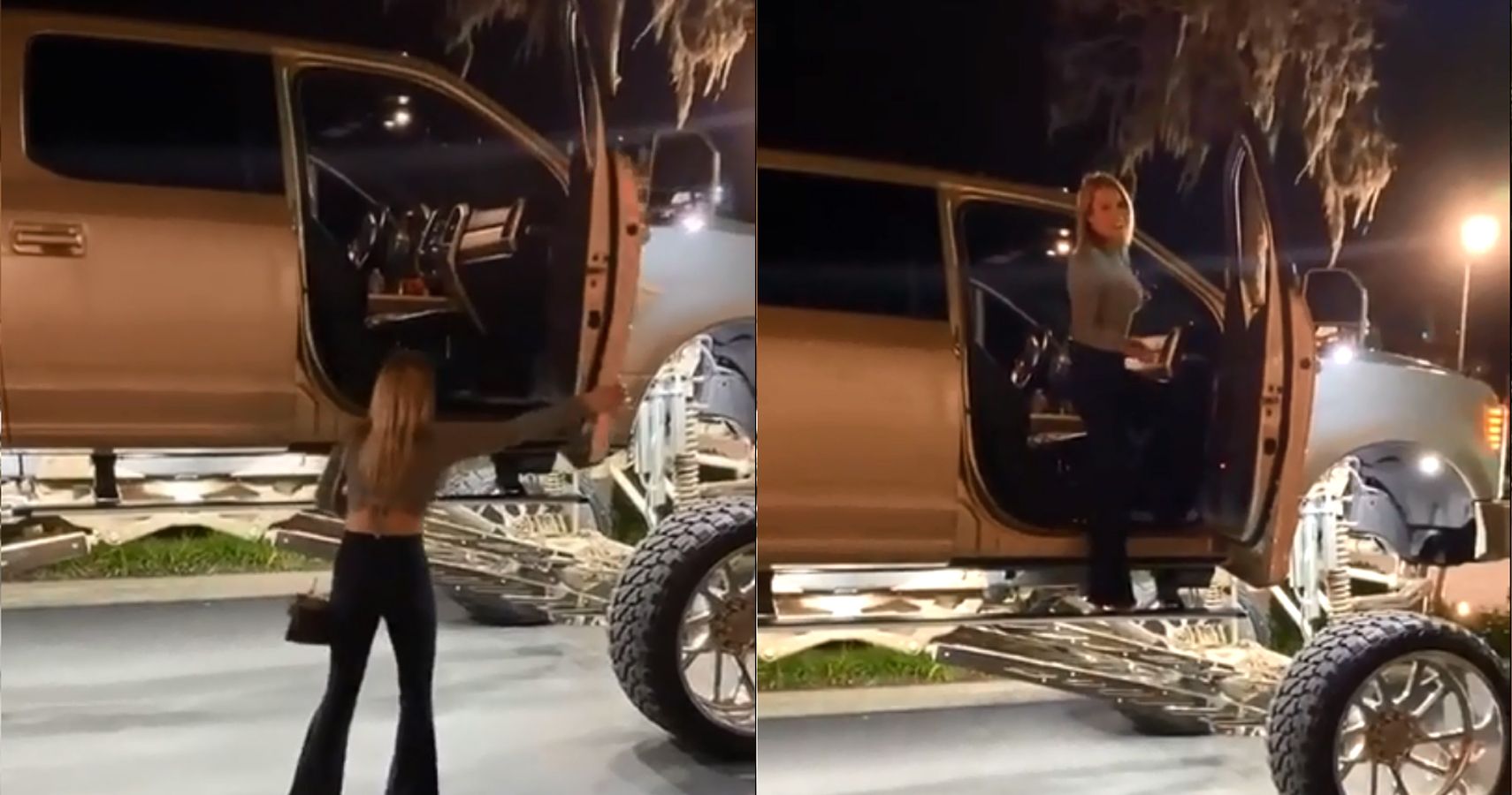 Woman getting into a lifted pickup truck