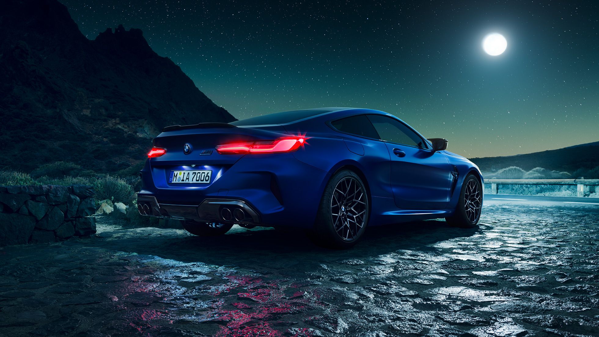 2019 BMW M8 Competition, blue, night sky and full moon, BMW