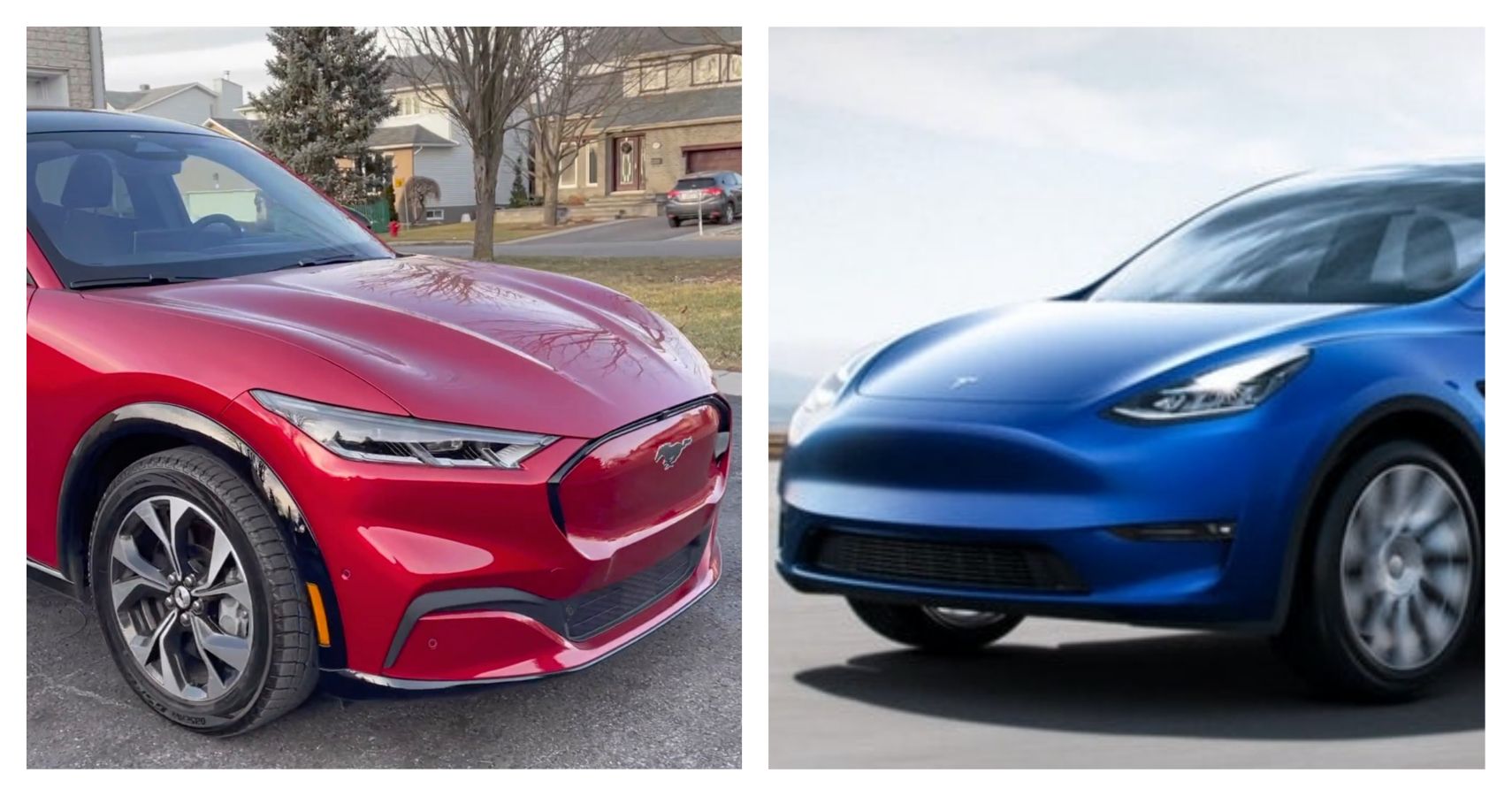 A Collage Of A Tesla Model Y And A Mustang Mach E