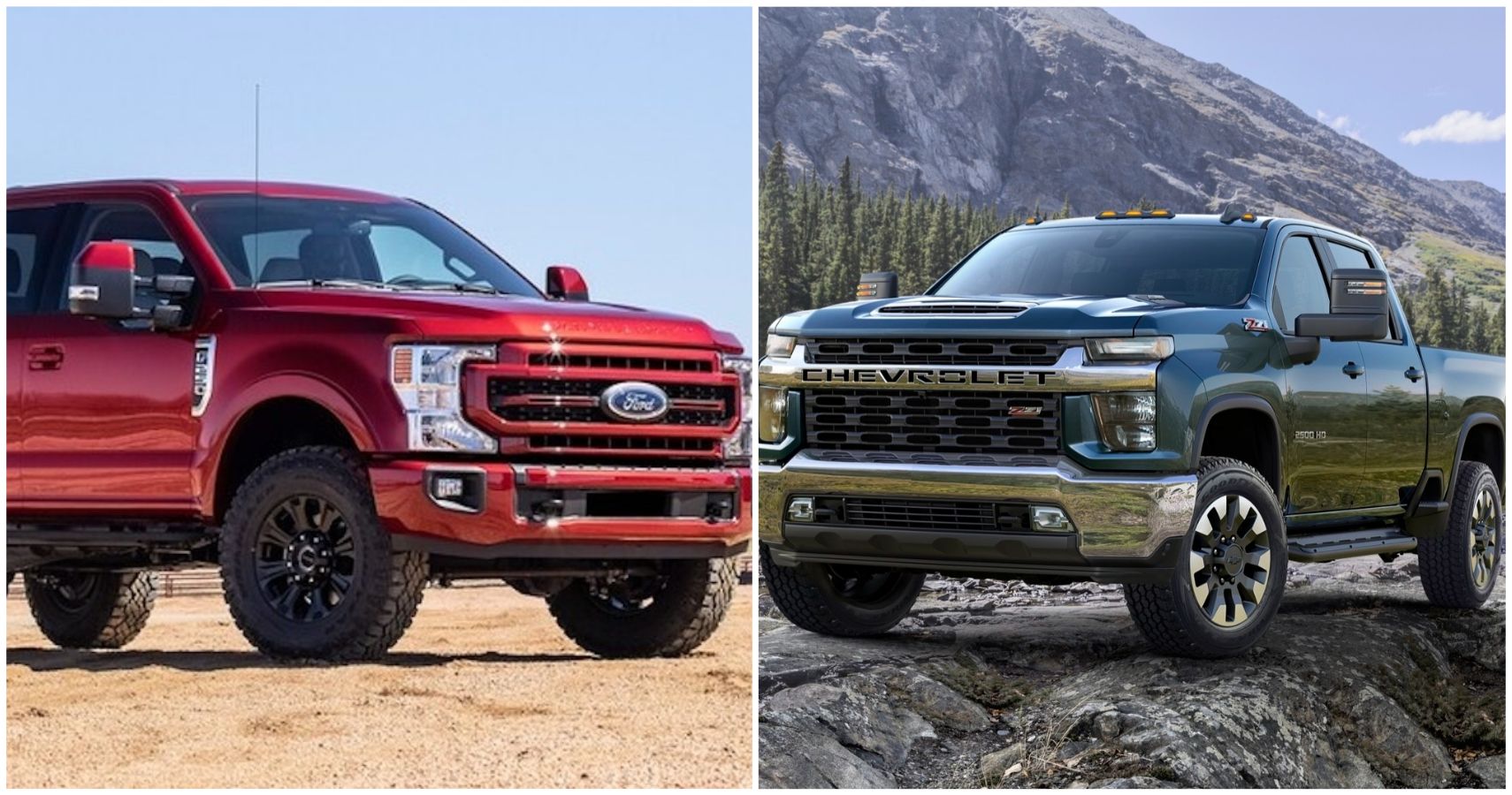 An Image Of A 2021 Ford F-250 Super Duty And A 2021 Chevy Silverado 2500 Side By Side