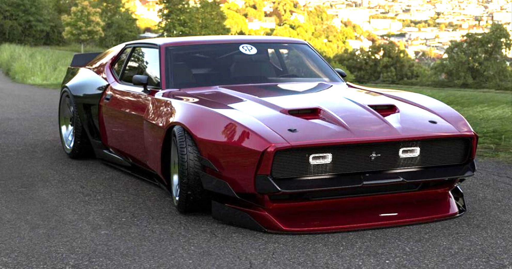 Digital rendering of red Ford Mustang Mach 1 front view