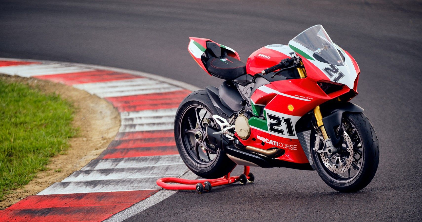 A Ducati Panigale V2 Bayliss 1st Championship 20th Anniversary parked.