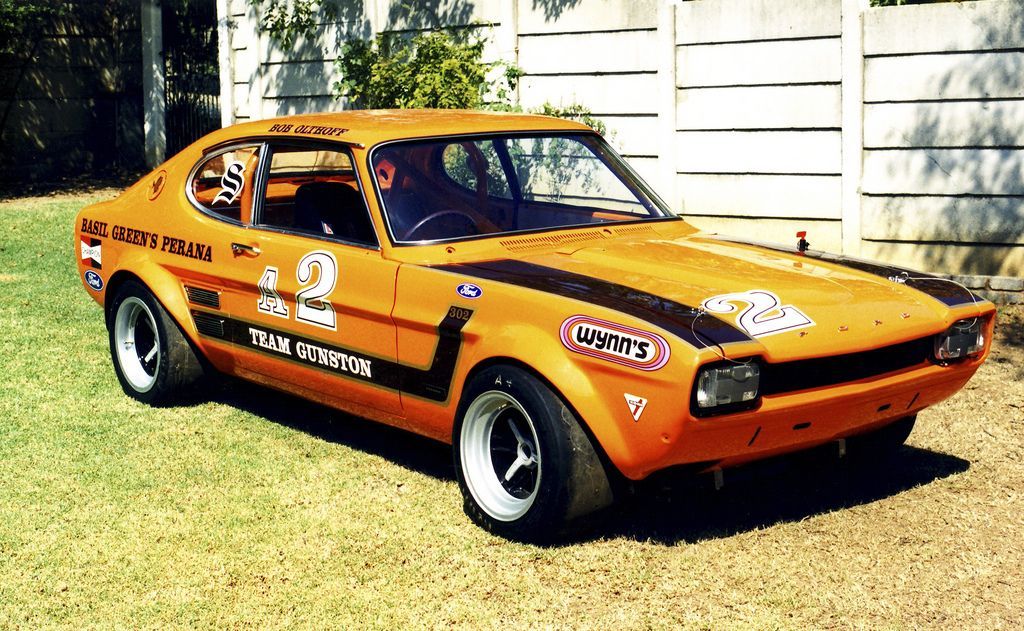 Ford Capri Perana, front, race cars, orange with decals, Pinterest 