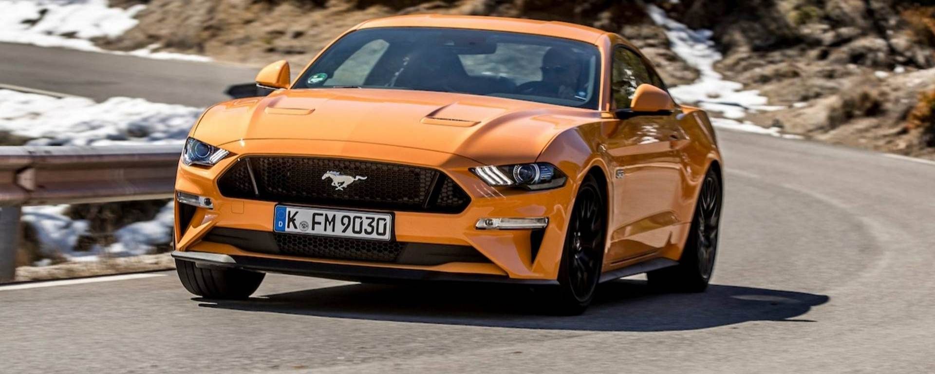 Ford Mustang, orange, driving, front, Ford