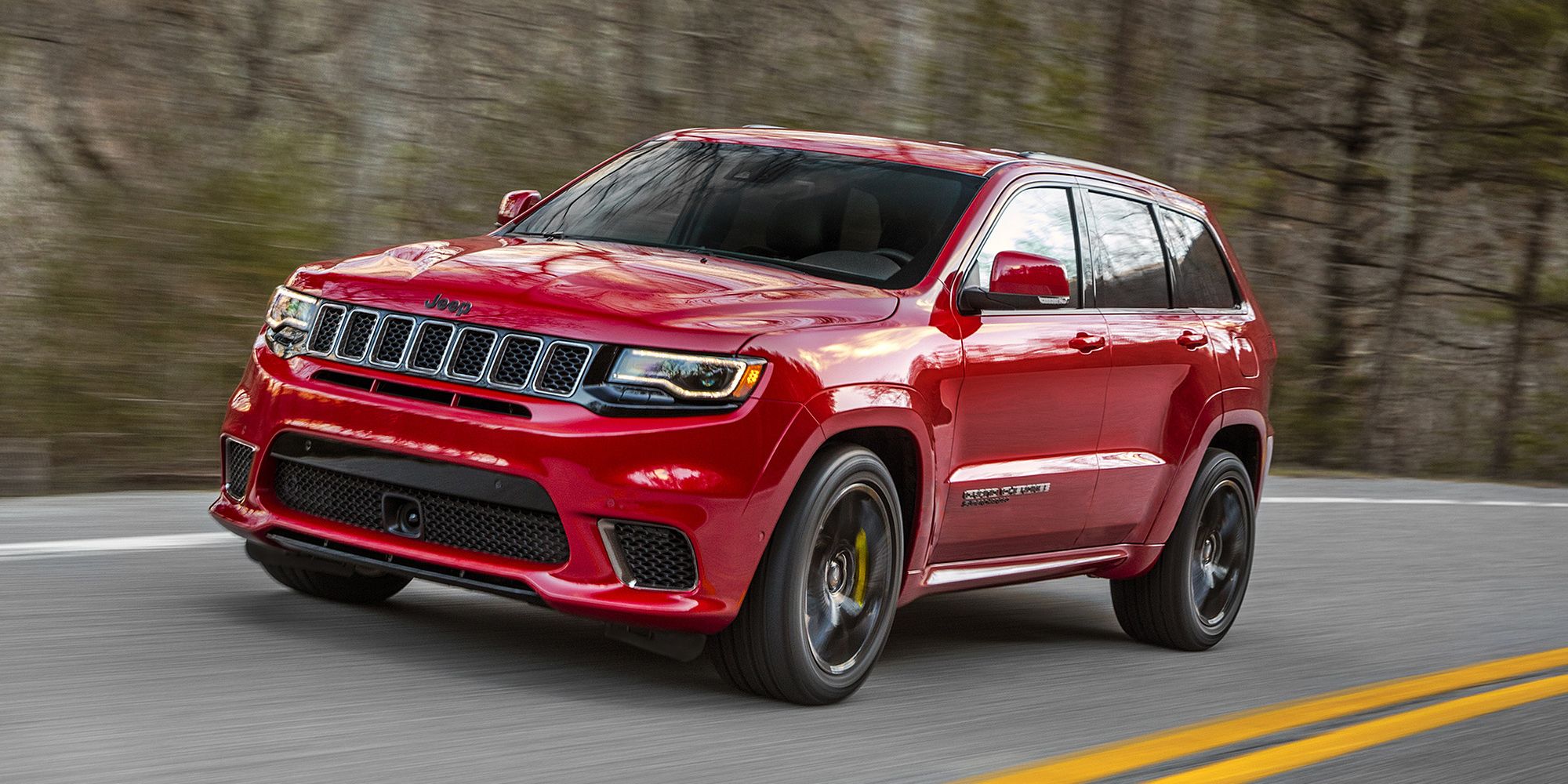 Front 3/4 view of the Jeep Trackhawk on the move