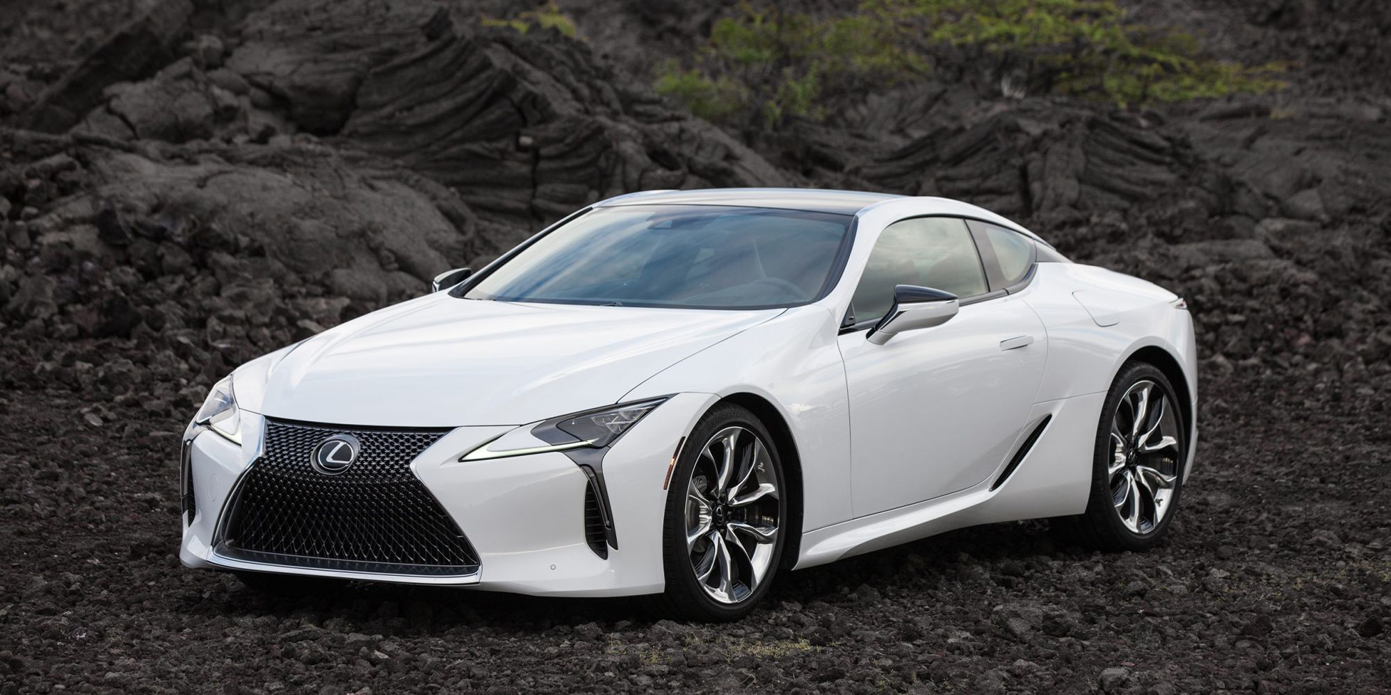 The front of a white Lexus LC