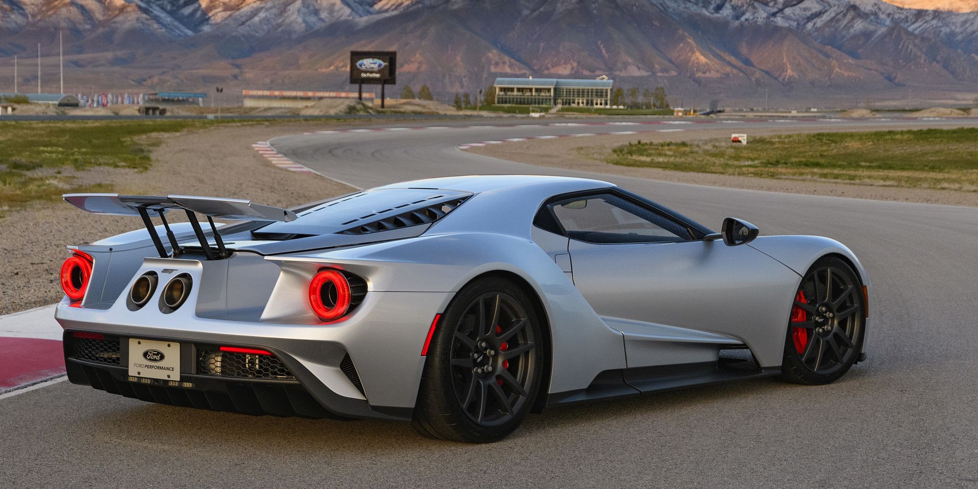 Rear 3/4 view of the new Ford GT in silver