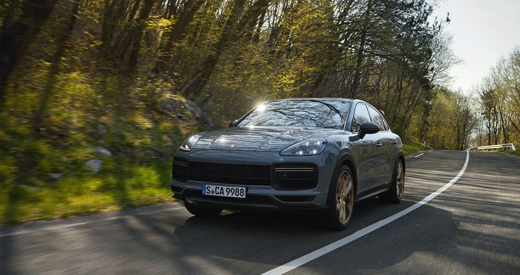 The front of the Cayenne Turbo GT on the road