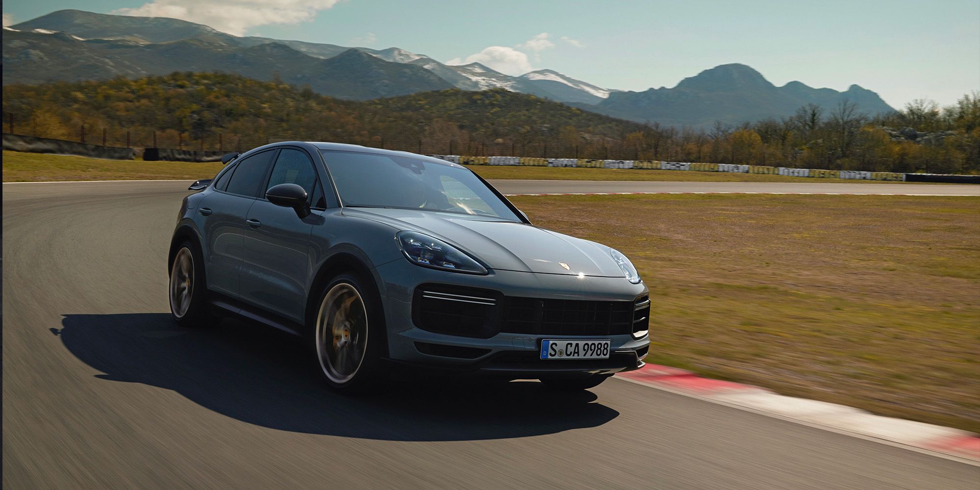 The front of a Cayenne Turbo GT on track