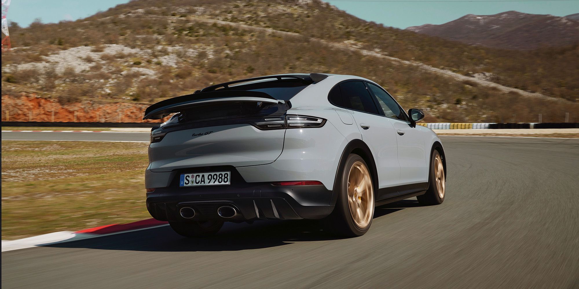 The rear of the Cayenne Turbo GT on track