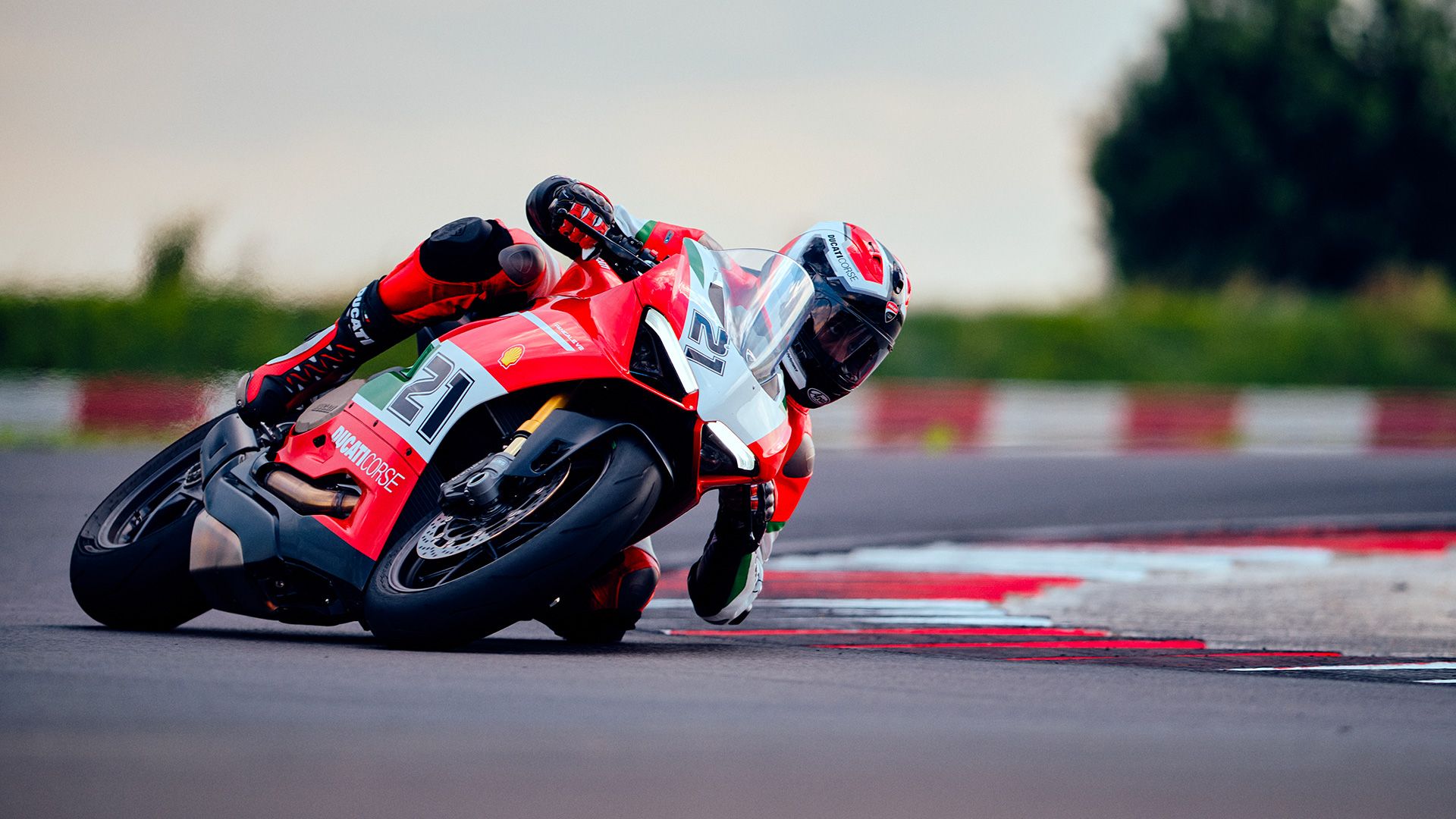 A racer on a Ducati Panigale V2 Bayliss 1st Championship 20th Anniversary.