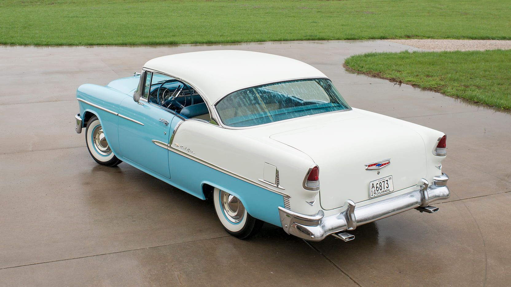 its desgin, 1955 Chevrolet Bel Air 2-Doors, light blue, rear