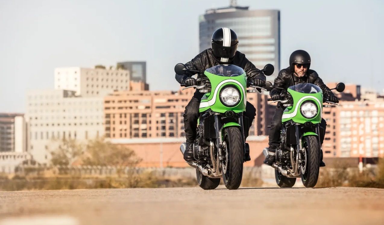 two green 2022 Kawasaki Z900RS SE bikes with riders