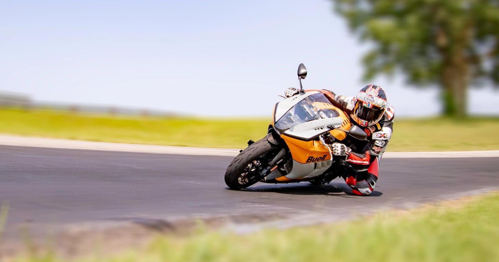 A rider on a 2022 Buell Hammerhead during a track day.