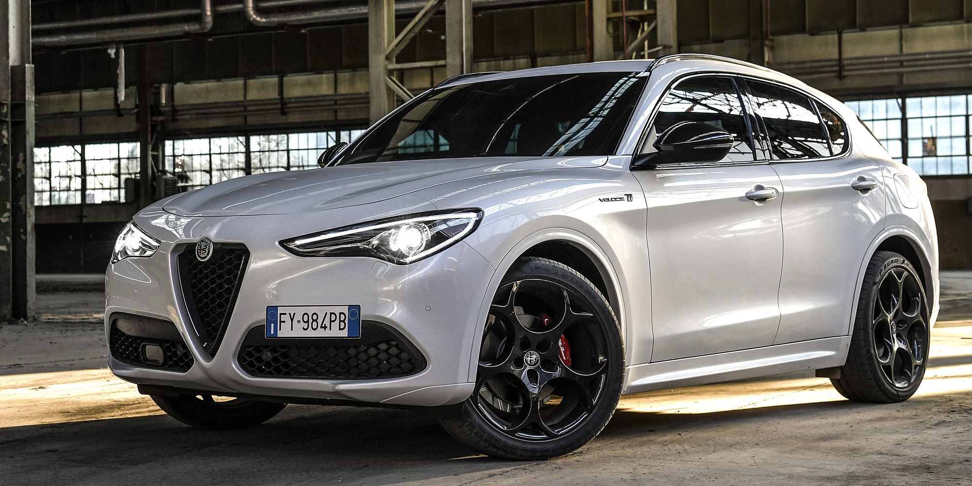 Front 3/4 view of the 2021 Stelvio in a warehouse