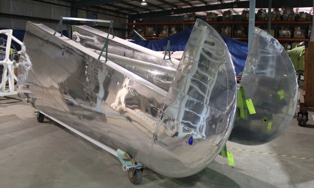 B-17 Flying Fortress bomber tail section under repair