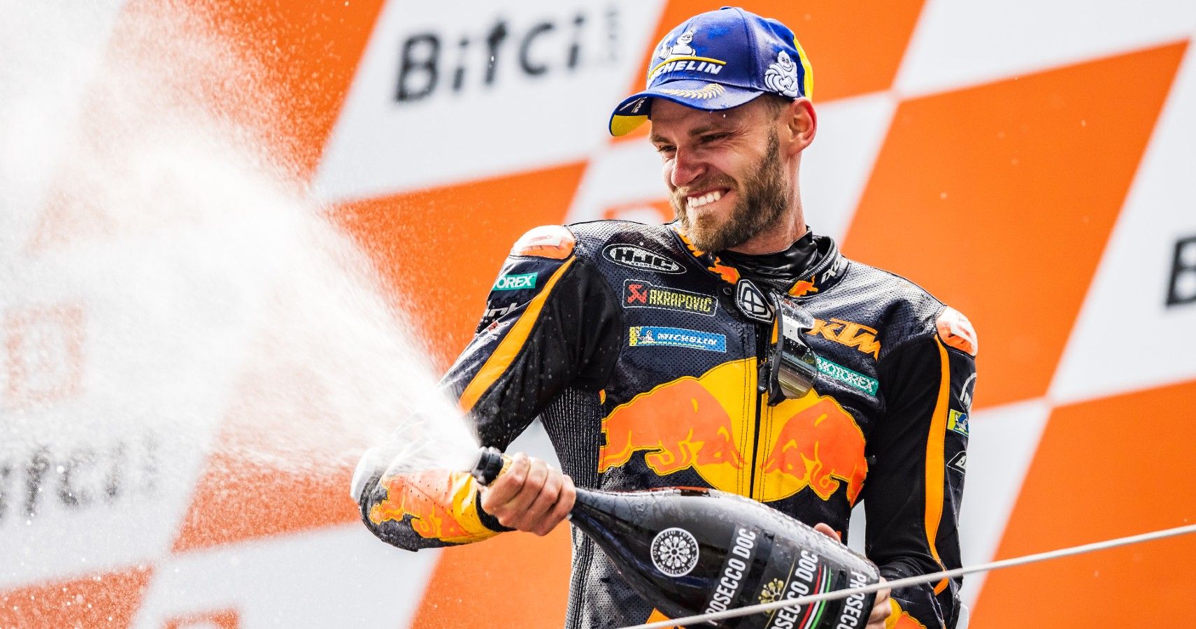 KTM rider Brad Binder celebrating his win after the 2021 MotoGP race in Austria.