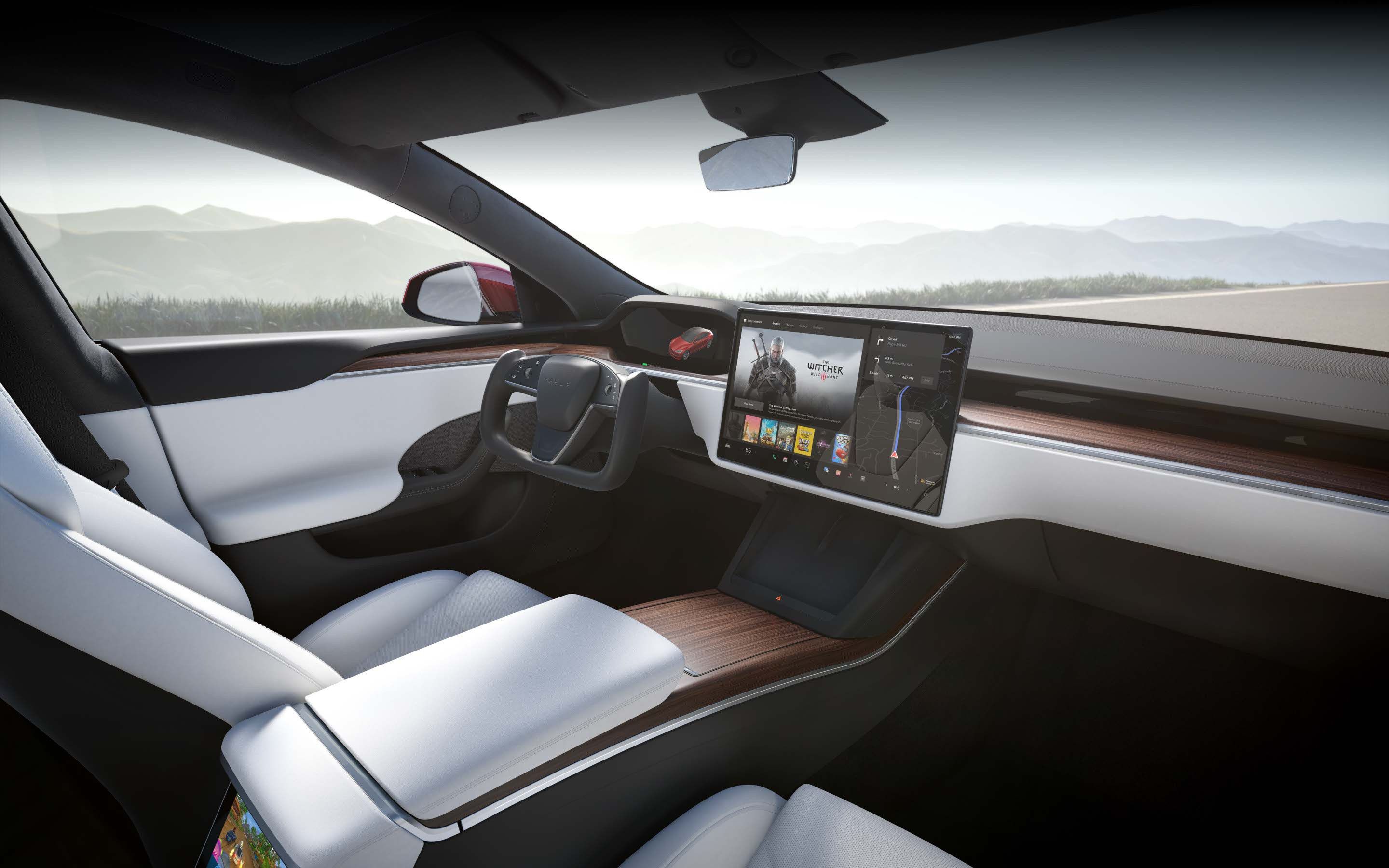 Inside Tesla model s plaid square rectangel steering wheel