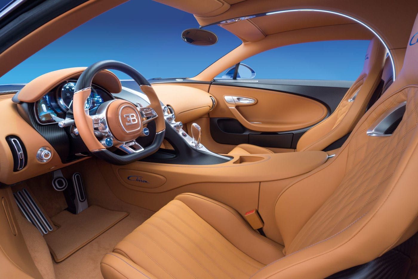 Inside the 2018 Bugatti Chiron kaiki tan leather stitching