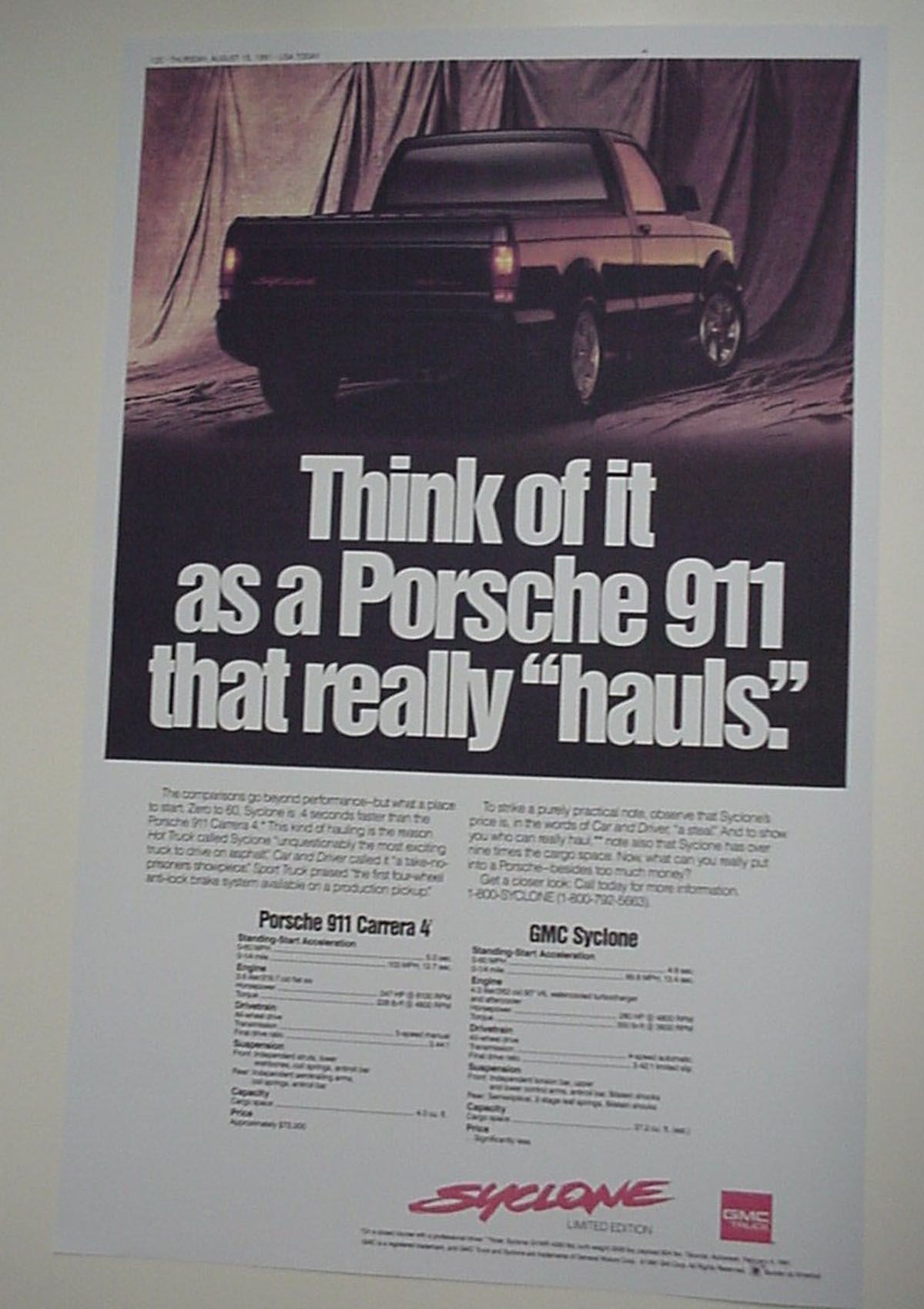 1991 GMC Syclone Pickup's Print Advt. 