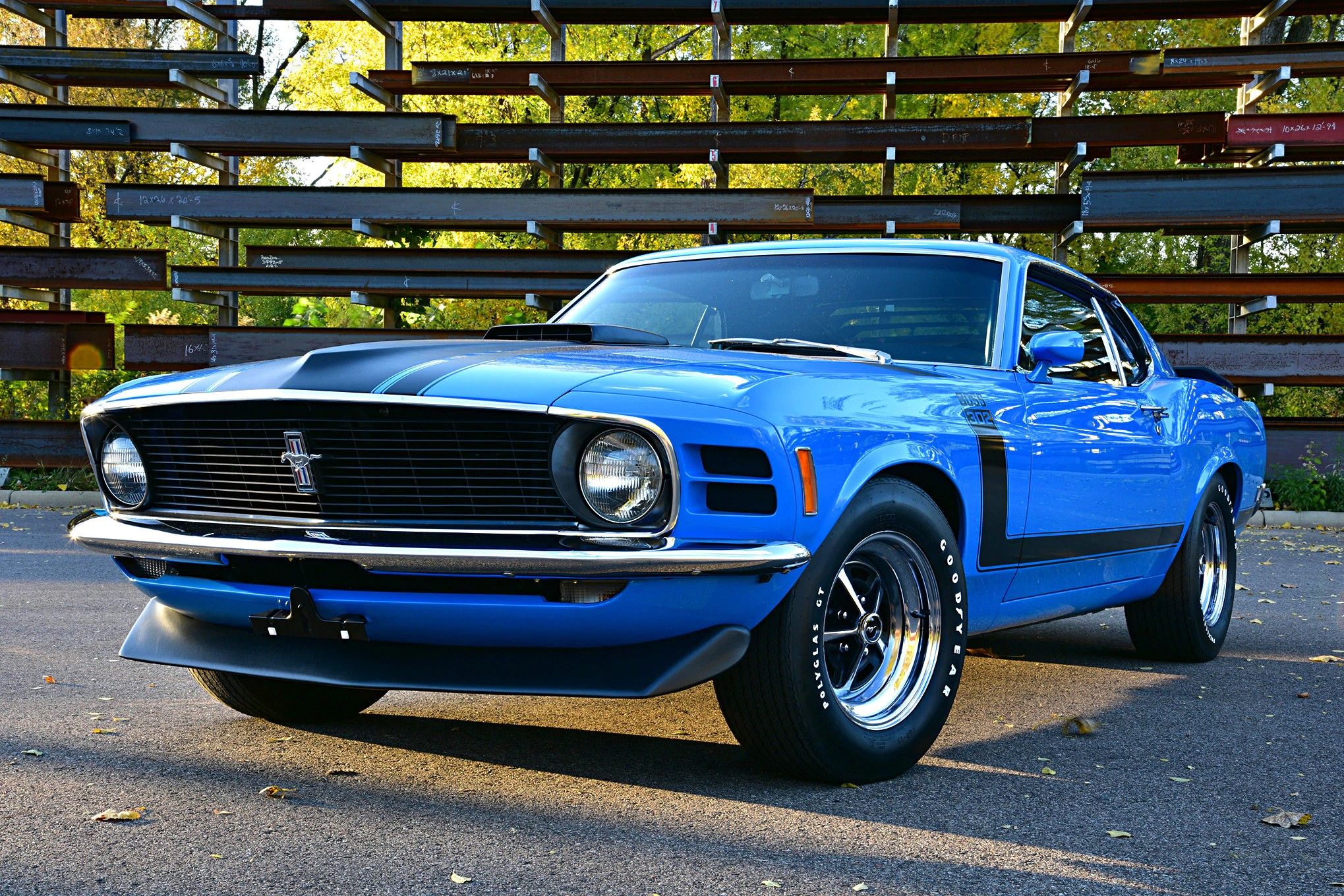 An Image Of A Blue 1970 Ford Mustang Boss 302