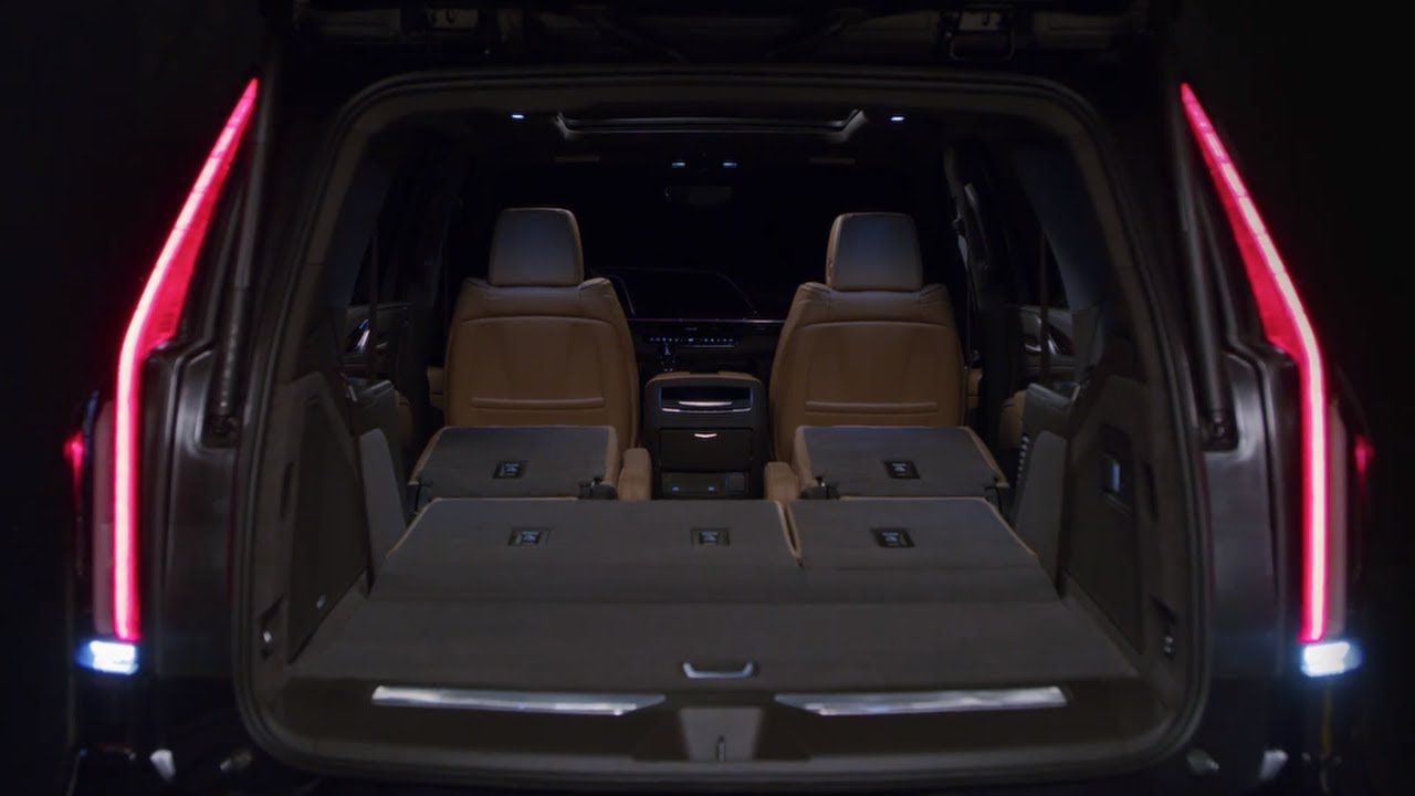 Inside Cadillac Escelade trunk space black 2020 2018 2022 room seats fold flat truck best