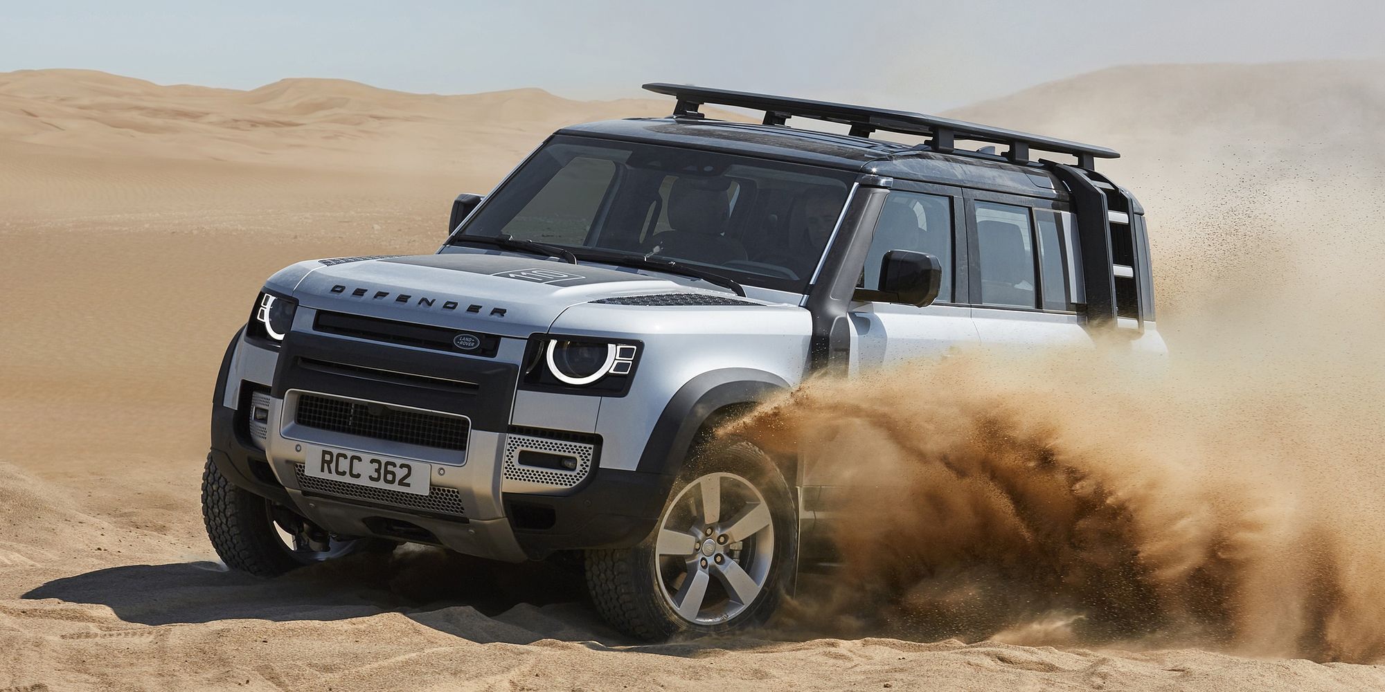 The front of the new Defender in the sand