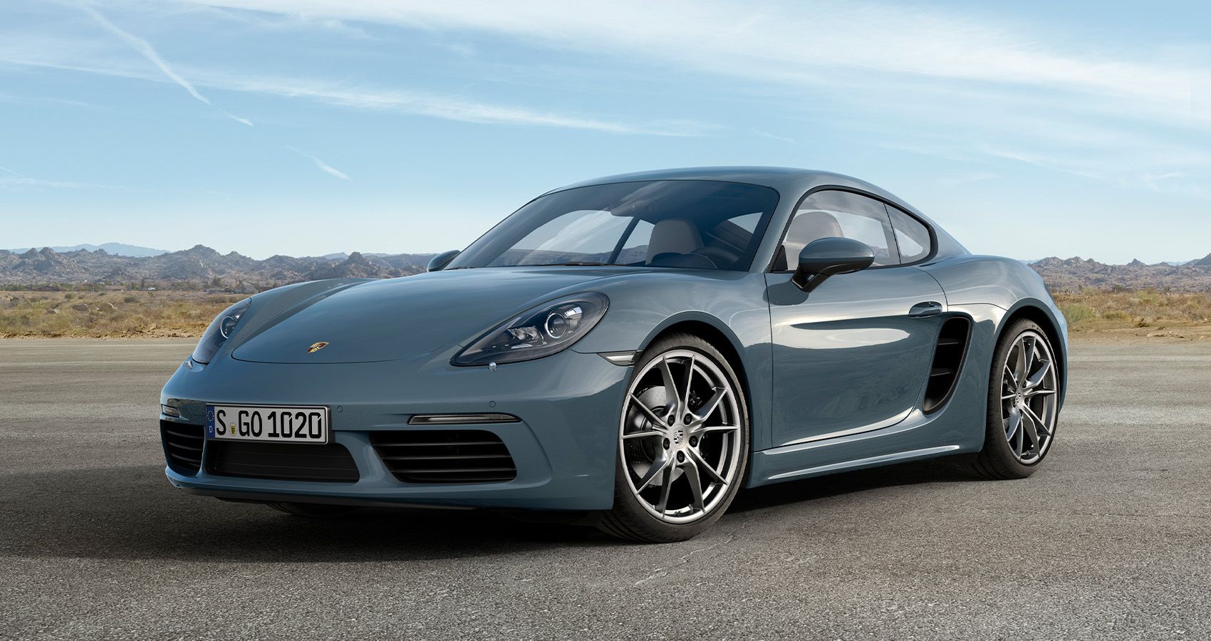 Front 3/4 view of the 718 Cayman in blue