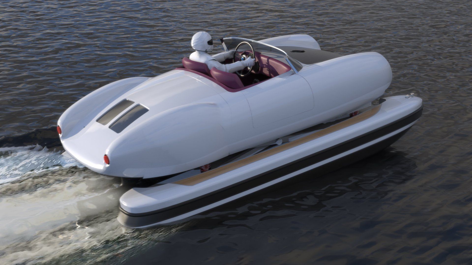 A picture of a resto-modded boat car designed by Floating Motors.